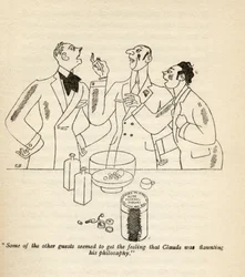 "Några av de andra gästerna verkade få känslan av att Claude hyllade sin filosofi.", illustration från "But Gentlemen Marry Brunettes" av Anita Loos, publicerad 1928